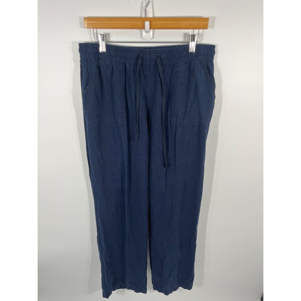 Cato Womens Linen Blend Pants 14/16 Navy Blue Wide Leg Resort Euro Summer Chic